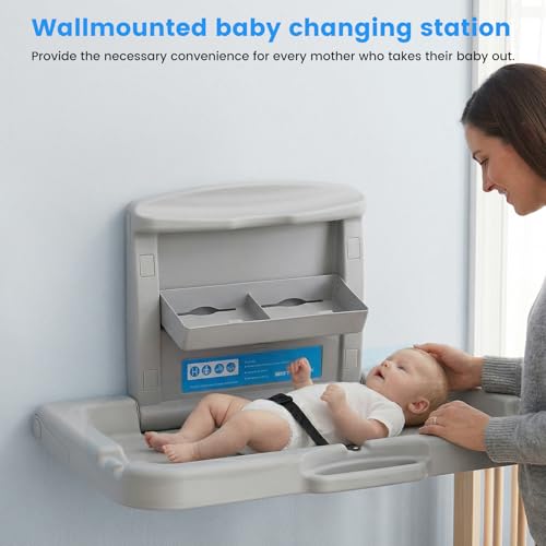 Baby Changing Station Wall Mounted,Commercial Baby Changing Station with Safety Strop,Foldable Wall Mounted Changing Table for Commercial Bathroom,Suitable for Commercial, Hotels & Airports