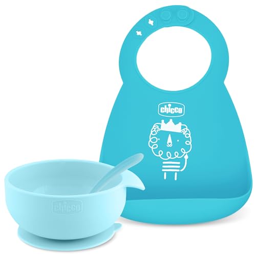 Chicco Easy Start Silicone Feeding Set | Dishes for Baby-Led Weaning | Suction Bowl | Adjustable Bib | Soft Spoon | BPA-Free | 3 Piece Set | 6m+ | Teal