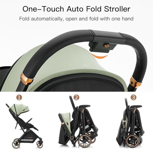 Gromast Gravity Folding Baby Stroller - Portable Travel Toddler Stroller w/Adjustable Backrest, Canopy & Cup Holder, Lightweight and UV Protected, One-Hand Automatic Folding - Green