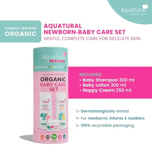 Aquatural Organic Baby Essentials Bath Care Set - Certified Organic Baby Shampoo, Lotion & Nappy Cream - Dermatologist Tested, Newborn Safe, Gentle & Nourishing