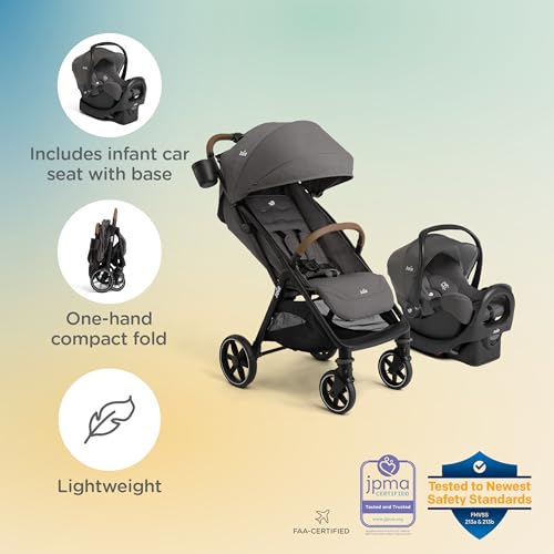 Joie Baby, Nutmeg and Rue Travel System – Travel Friendly Compact Stroller with Automatic Fold, Lightweight Car Seat & Anti-Rebound Base (Thunder)