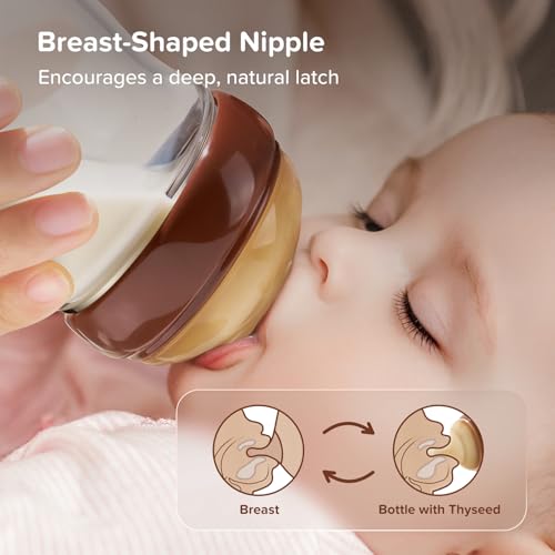 Thyseed Anti-Colic Glass Baby Bottle for Breastfed Infants, Natural Feeding, Breast-Like Newborn Slow Flow Nipple (1m+), 5 oz, 2 Pack