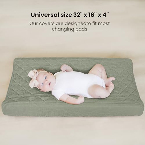 Konssy Waterproof Muslin Changing Pad Cover 2 Pack, Quilted Cotton Fitted Diaper Chang Table Cover, Soft Changing Pad Sheets for Girls Boys (Fog Green,Cream)