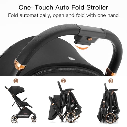 Gromast Gravity Folding Baby Stroller - Portable Travel Toddler Stroller w/Adjustable Backrest, Canopy & Cup Holder, Lightweight and UV Protected, One-Hand Automatic Folding - Black