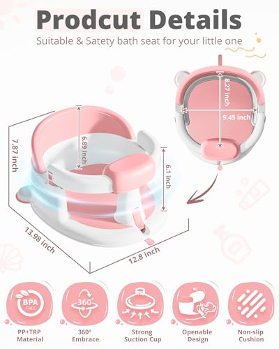 ONTHEWEI Baby Bath Seats for Babies Sitting Up, Non-Slip Baby Bathtub with 3 Suction Cups, Safe & Comfortable Toddler Bath Seat Ideal for Baby Bath/Shower Support, Stable Design, Pink (6-24 Months)