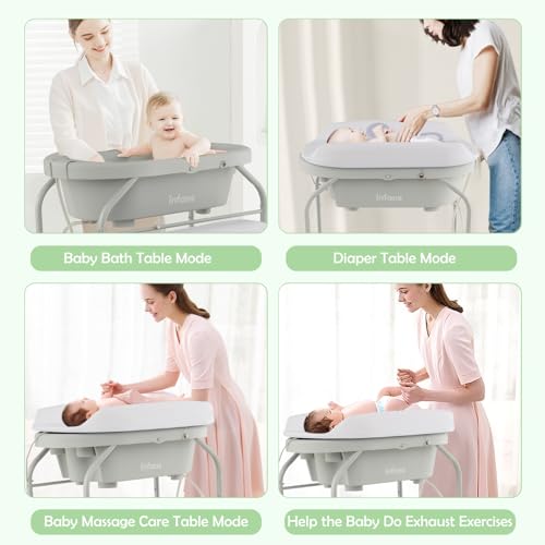 INFANS 2 in 1 Baby Changing Table with Bath Tub Unit, Folding Diaper Dresser Station with Wheels Waterproof Pad Storage Rack, Portable Nursery Organizer Stand for Newborn Infant (Light Grey)