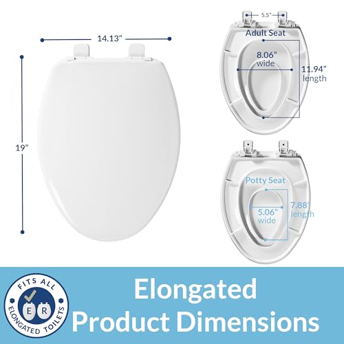 Little2Big Toilet Seat with Built-In Toddler Potty Training Seat, Slow Close, Easy to Install, Made in USA, ELONGATED, White