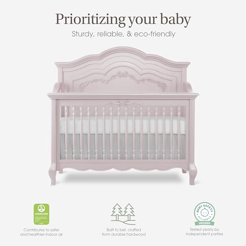 Evolur Aurora 5-in-1 Convertible Full-Size Baby Crib in Dusty Rose, 3 Mattress Heights, Ribbon Bow Scrollwork & Queen Anne Feet, Converts to Toddler, Day & Full-Size Bed