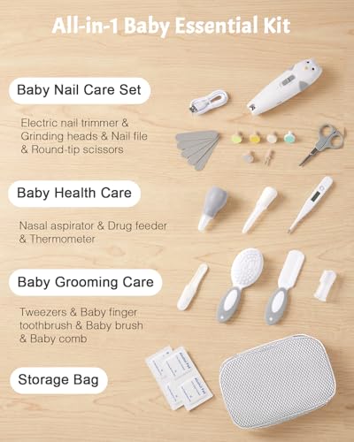 Lictin Baby Healthcare and Grooming Kit, 26 in 1 Rechargeable Nail Trimmer Electric Set,Safe File with Auto Light, Newborn Nursery Health Care Portable Safety Set for Infant Toddlers Boys Girls, Grey