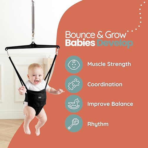 Jolly Jumper Classic (Black) with Stand - Original Baby Jumper, Indoor and Outdoor Exercise Saddle Seat, Adjustable Height, for Infants up to 28lbs