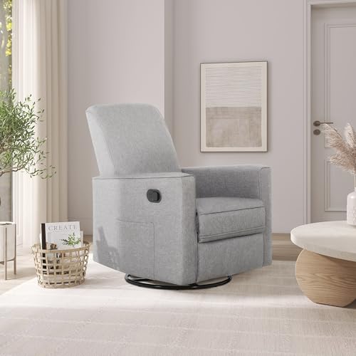 Evolur Raleigh Upholstered Manual Glider Recliner– Rocking & 360° Swivel with Smooth Glide – Greenguard Gold & FSC Certified – Modern Nursery and Living Room Chair in Light Grey