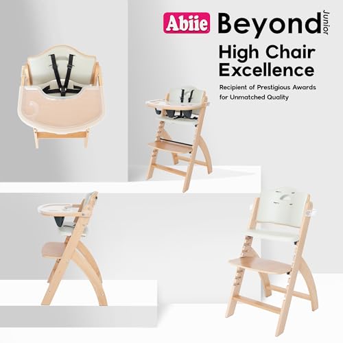 Abiie Beyond Junior Wooden High Chair for Babies and Toddlers - Convertible 3-in-1 Baby Highchair with Removable Tray - 6 Months to 250 Lb - Water Resistant - Natural Wood/Dove Grey Cushion