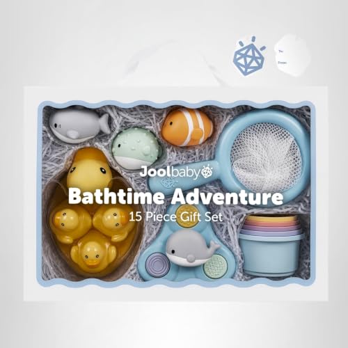 Jool Baby 15-Piece Bathtub Toys Gift Set – Bath Squirts, Rubber Ducks, Whale Fidget Spinner Toy – Bath Toy Storage Organizer Included