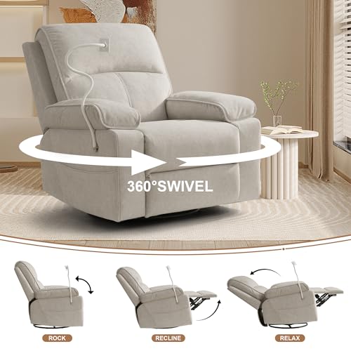 YuuYee Nursery Rocking Chairs Glider Recliner with Flexible Phone Holder, Oversized 360° Swivel Rocker Recliner, Comfortable Nursing Chair for Baby Breastfeeding, Manual Reclining, Velvet, Beige