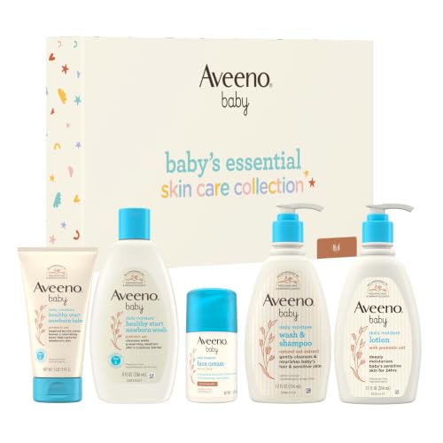 Aveeno Baby Essential Skincare Gift Set, 5-Piece Collection with Wash and Shampoo, Daily Moisture Body Lotion, Face Moisturizer & Newborn Wash and Baby Balm, Gentle Daily Care for Sensitive Skin