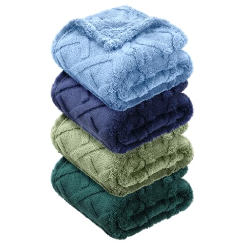 VitalCozy 4 Pcs Fleece Baby Blankets for Boys Girls 3D Soft Plush Warm Baby Receiving Blankets 30" x 40" Cozy Fluffy Infant Toddler Newborn Swaddling Blanket for Crib Nursery Bed(Blue,Green)
