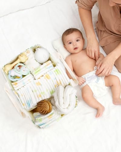 BuyCard Leaf Pattern Diaper Caddy Organizer, Nursery Storage Basket with Handle, Baby Essentials Holder, Cream with Green Floral Design