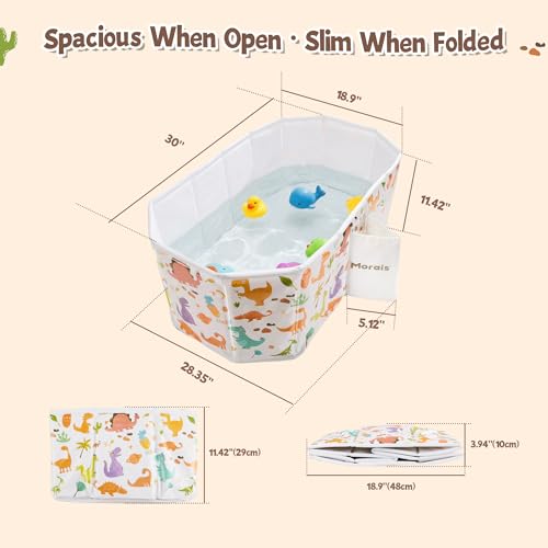 MORAIS Toddler Bathtub Collapsible & Portable, Foldable Baby Bath Tub for Shower & Travel, Dual Drain Plug with Thick Padded Bottom, Easy to Clean, Space-Saving Tub, 12 Months+