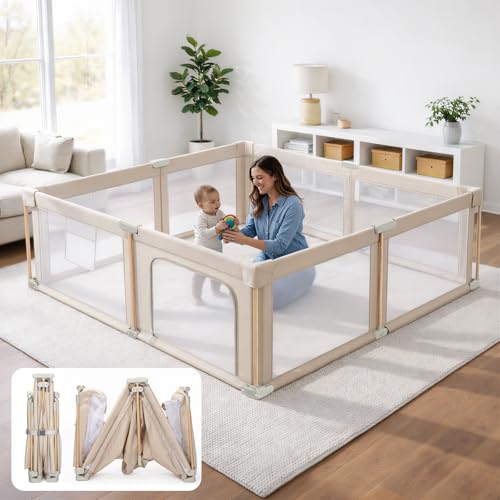 Foldable Baby Playpen with Mat, Foldable Baby Fence Play Yards for Babies and Toddlers, Play Pen with Breathable Mesh and Anti-Fall Pads (71"×59")