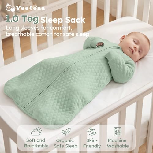 Yoofoss Baby Sleep Sack 6-12 Months 1.0 Tog Long Sleeve Sleep Sack Organic Cotton Wearable Blanket for Infants 2-Way Zipper Quilted Sleeping Sacks(Medium)