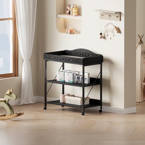 Yetom Baby Changing Table, Diaper Changing Station with Pad and Wheels, Two-Tier Open Storage Shelves, Waterproof Diaper pad & Safety Strap,Compact Baby Furniture for Nursery, Black