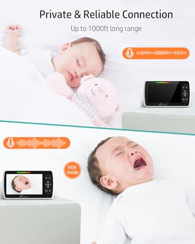 iFamily Split Screen Baby Monitor, Large Display Video Baby Monitor with 2 Cameras and Audio, Long Range, Remote pan tilt, Night Vision, Temperature Sensor, 2 Way Talk, Feeding Clock and lullabies.
