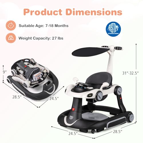 BABY JOY 7-in-1 Baby Walker, Foldable Baby Walker and Bouncer Combo with Handle, Adjustable Height & Speed, Music, Lights, Rocker/Push Mode, Baby Walker with Wheels for Boys Girls 7-18 Months (White)