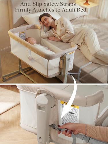 ONTHEWEI Baby Bassinet Bedside Sleeper 3-in-1, Easy Night Feeding with One-Side Fold & Rolling Wheels, Breathable Mesh, 6-Height Adjustable, Soft Mattress for Newborns
