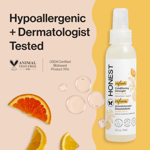 The Honest Company Conditioning Hair Detangler | Leave-in Conditioner + Fortifying Spray | Tear-free, Cruelty-Free, Hypoallergenic | Citrus Vanilla Refresh, 4 fl oz
