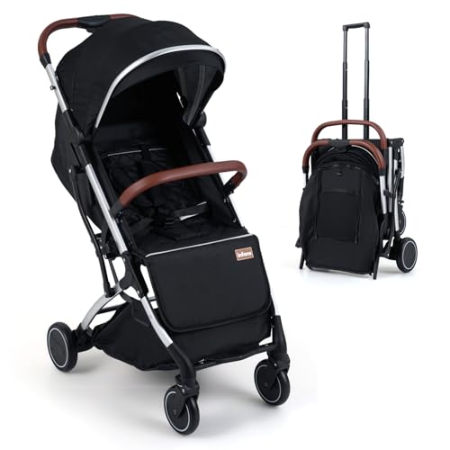INFANS Travel Stroller, Lightweight Compact Baby Stroller for Airplane with One-Hand Fold, Multi-Position Recline, Canopy, 4 Wheel Suspension, Storage Basket (Black+Silver)
