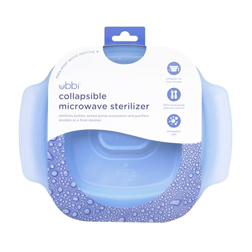 Ubbi 3-in-1 Collapsible Microwave Wash Bin, Baby Bottle Sterilizer & Veggie Steamer, Reusable Silicone Steam Bag for Travel or Home Use, Fits Up to 5 Baby Bottles, Dishwasher Safe, Blue