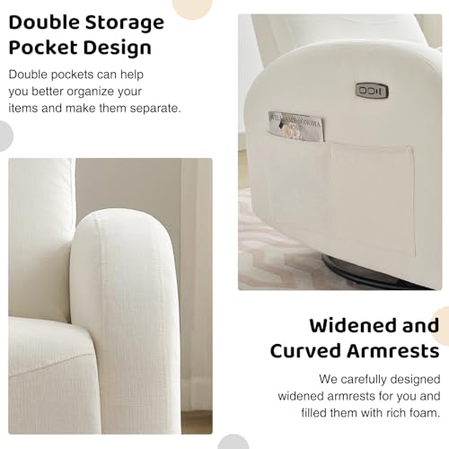 Power Nursery Glider Recliner, Chenille Electric Rocker Recliner with Type-C & USB Port, Nursery Swivel Rocker Recliners with Double Pockets for Adult, Cream White