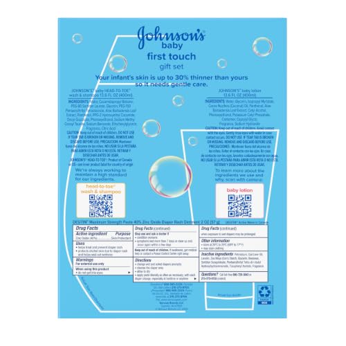 Johnson's Baby First Touch Baby Essentials Gift Set with Body Wash & Shampoo, Body Lotion, & Zinc Oxide Diaper Rash Paste for Baby's Delicate Skin, Hypoallergenic, No Added Parabens or Dyes, 3 Items