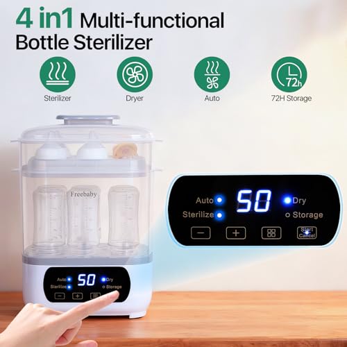 Freebaby Baby Bottle Steamer and Dryer, All-in-One Sterilizer and Dryer for All Baby Bottle, Bottle Sanitizer for Pacifiers&Breast Pump Parts, 8 Bottles Capacity and Auto-Off