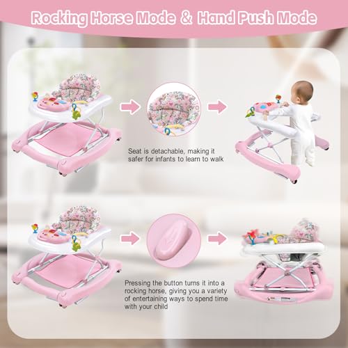 5 in 1 Foldable Baby Walker, Activity Baby Walker-Baby Bouncer, Rocker, Activity Center,Seat and Push Walker,Detachable Trampoline Mat, Adjustable Speed Rear Wheels and Height,Ages 6-18 Months(Pink)