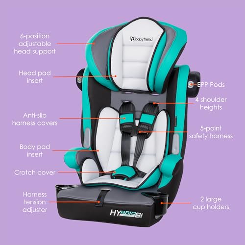 Baby Trend Hybrid SI 3-in-1 Combination Booster Seat, Hoboken Teal – Side-Impact Protection, 3-Stage Growth Design, Adjustable Headrest, Cushioned Comfort