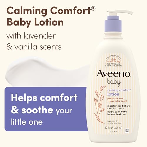 Aveeno Baby Calming Comfort Moisturizing Body Lotion with Relaxing Lavender & Vanilla Scents, Non-Greasy, Nourishing Prebiotic Oatmeal, No Added Parabens, 12 fl. oz