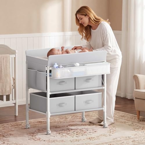 BOLUO Baby Changing Table with 4 Drawers, Waterproof Diaper Changing Station with Storage, Adjustable Height Baby Changing Station for Mobile Nursery Grey