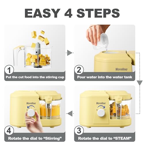 Veroline Baby Food Maker, One Button Rotate Control Baby Food Processor, Baby Puree Maker with Steaming and Grinding Functions, Baby Food Steamer and Blender, Yellow
