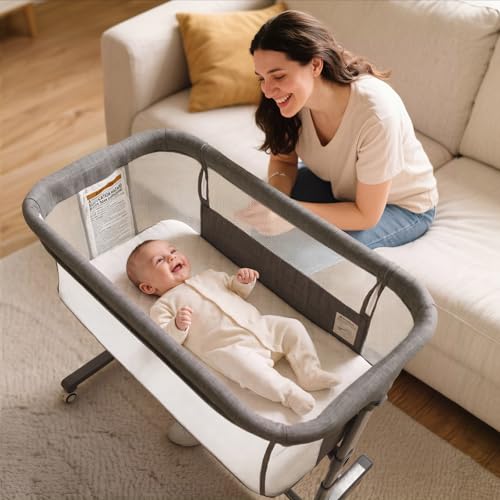 Kinder King Baby Bassinet Bedside Sleeper, Newborn Baby Bedside Crib w/Wheels, All-Sided Mesh, Adjustable Height, Removable Soft Mattress, No Tool to Assemble, Grey