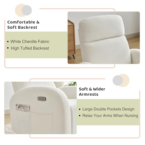 Power Nursery Glider Recliner, Chenille Electric Rocker Recliner with Type-C & USB Port, Nursery Swivel Rocker Recliners with Double Pockets for Adult, Cream White