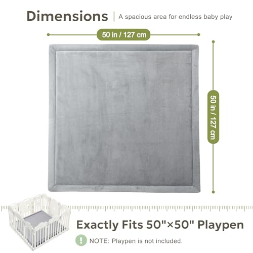 Mallify Ultra Soft 1.3" Thick Baby Play Mat for Floor, Large Velvet 50"x50" Playpen Mat for Babies, Toddlers, Infants, Kids, Baby-Safe & Non-Slip for Tummy Time and Crawling, Gray