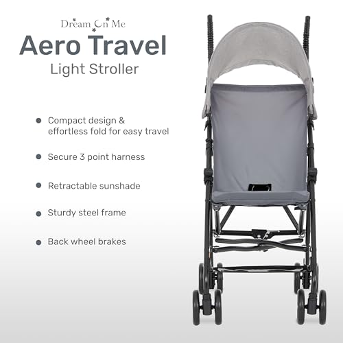 Dream On Me Aero Travel Umbrella Stroller, One-Hand Quick Fold, 3-Point Safety Harness, Dual Brakes, Adjustable Removable Canopy, Lightweight Compact & Space-Saving, for 6 to 36 Months – Grey