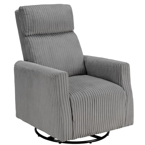 CANMOV Swivel Rocker Chair for Nursery, Swivel Accent Chair with High Back and Arms, Corduroy Glider Chair for Living Room Bedroom Nursery, Grey