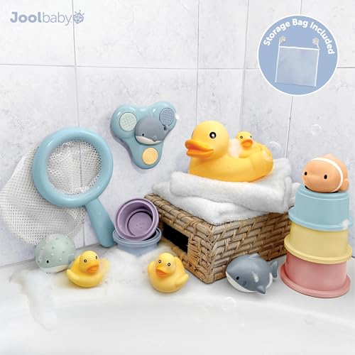 Jool Baby 15-Piece Bathtub Toys Gift Set – Bath Squirts, Rubber Ducks, Whale Fidget Spinner Toy – Bath Toy Storage Organizer Included
