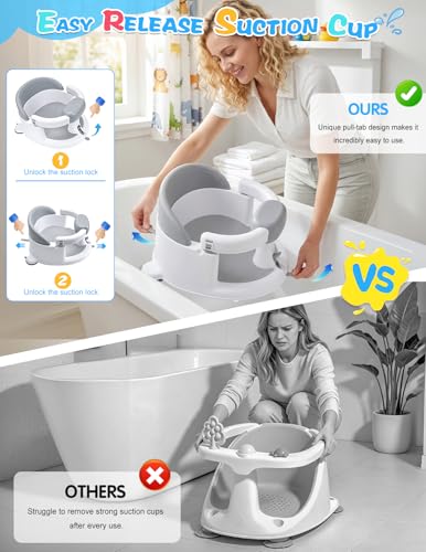 Baby Bath Seat for Babies 6 Months & up with Suction Cups, Non-Slip Infant Bath Chair, Ergonomic Baby Bathtub Seats for Babies Sitting Up, BPA-Free Toddler Bath Seat, Easy-Release Pull Tab, Gray