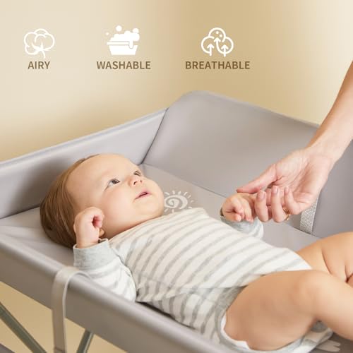 KARAOK Foldable Baby Changing Table with Wheels, Portable Diaper Changing Station with Large Storage Bag & 4-Level Adjustable Height for Newborn, Infant
