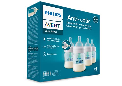 Philips Avent Anti-Colic Baby Bottle with AirFree Vent, Slow Flow 1 Nipple, 0m+, 4oz, 4 Pack, Clear, SCY701/04