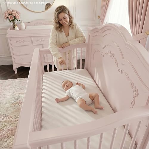 Evolur Aurora 5-in-1 Convertible Full-Size Baby Crib in Dusty Rose, 3 Mattress Heights, Ribbon Bow Scrollwork & Queen Anne Feet, Converts to Toddler, Day & Full-Size Bed