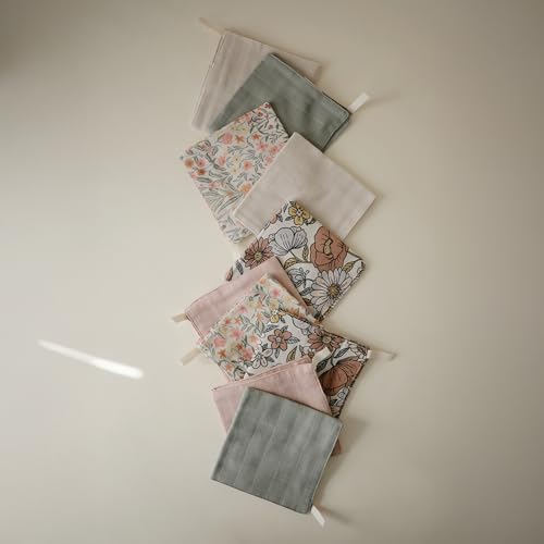 mushie Muslin Organic Cotton Washcloths 5-Pack (Pink Flowers Combo) | Soft Wipes for Baby Cleanups and Bathing